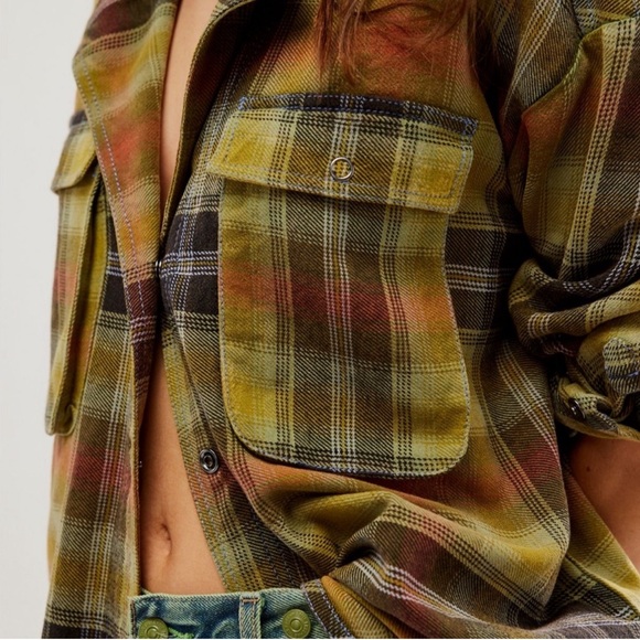 WE THE FREE Izzy Oversized Green Plaid Button Down Shirt Shacket NEW - Picture 4 of 4